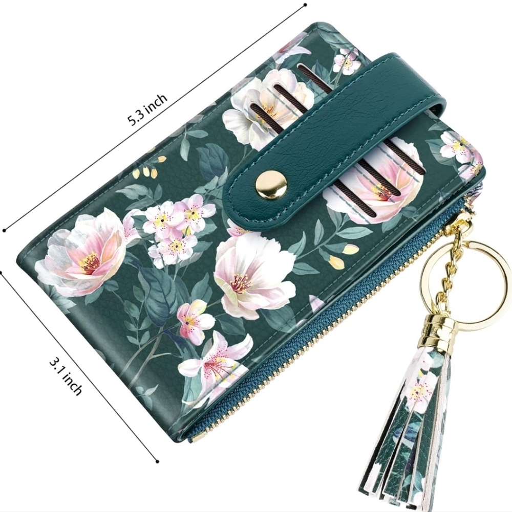 Floral Green Wallet with Tassel Keychain